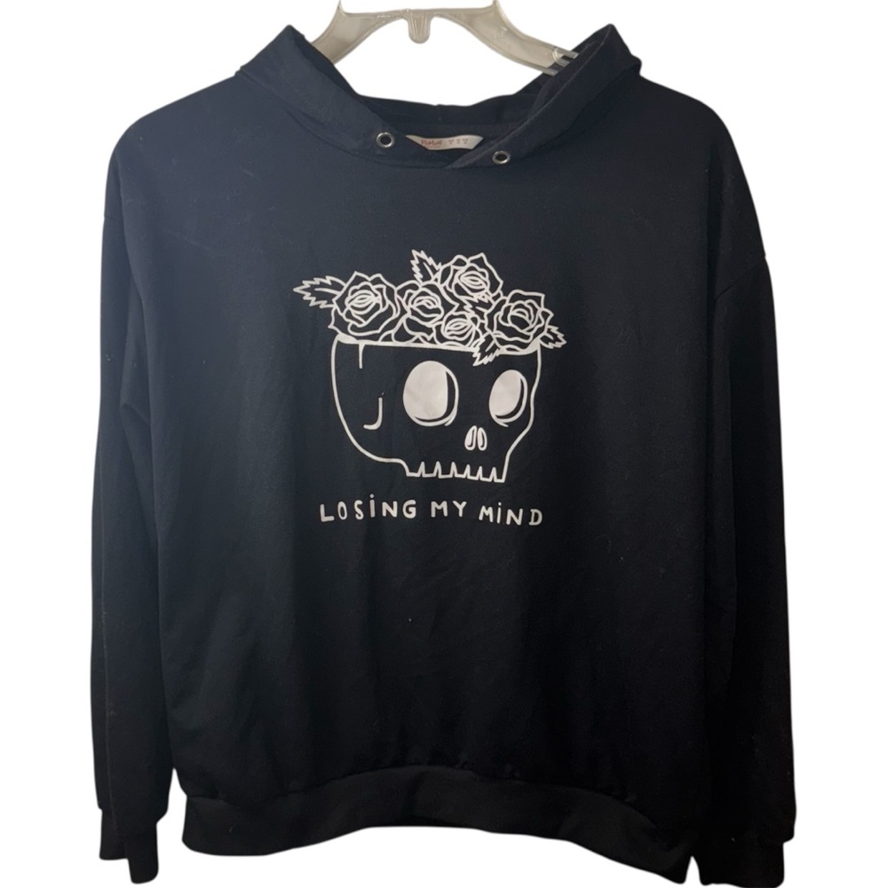 ROMWE Slogan Skull & Floral Graphic Hoodie Black/White (XL)
